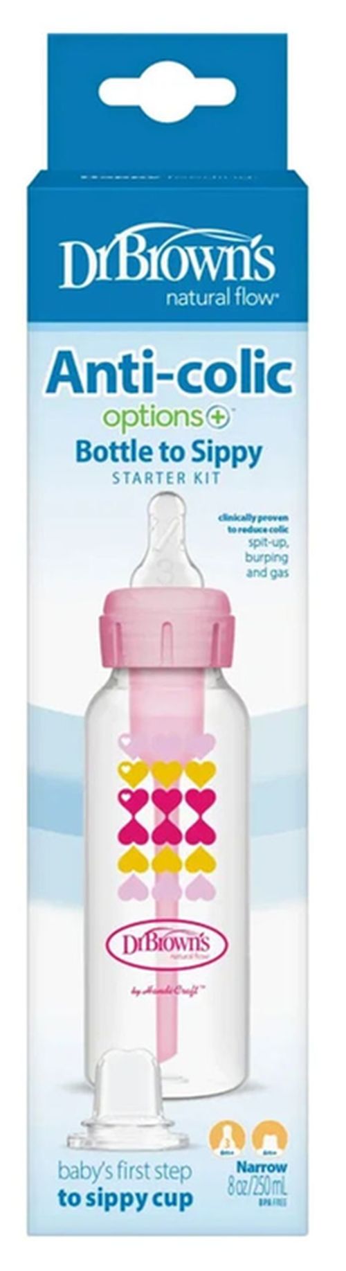 купить Поильник Dr. Brown's 072239309582 Biberon de tranzitie cu gat ingust Options+ Roz, 250ml в Кишинёве 