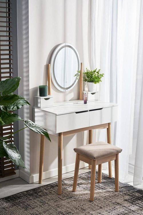 купить Стол Jumi CM-920439 Туалетный столик с банкеткой и овальным зеркалом со светодиодной подсветкой (140x80x40 см), белый/бежевый в Кишинёве 