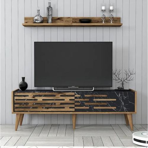 купить Тумба напольная для TV Trendy Valensiya 140, Nuc, Negru, Marmura в Кишинёве 