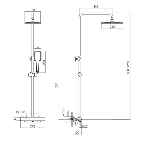 Sistem de duș Imprese BILOVEC (baterie termostatic pentru duș, cabină și duș de mână, furtun din polimer), mat negru (baie) 