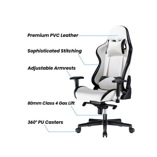 купить Игровое кресло Lumi Premium Gaming Chair CH06-36 with Headrest & Lumbar Support , Black/White, PVC Leather, 2D Armrest, Steel Frame, 350mm Nylon Plastic Base, PU Caster, 80mm Class 4 Gas Lift, Weight Capacity 180 Kg XMAS в Кишинёве 