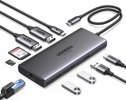 купить Переходник для IT Ugreen 15534 HUB 10in1 USB-C to 2*HDMI(8K@30Hz)+USB-A3.0+USB-C3.0+2*USB-A2.0+SD/TF+GigabitRJ45+PD(100W), CM639, Space Gray в Кишинёве 