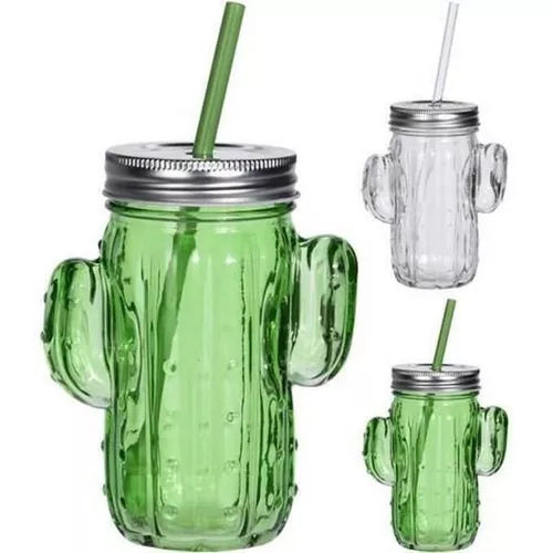 купить Посуда для напитков Excellent Houseware 41415 Банка для напитков 0.4l с ручкой и трубочкой кактус в Кишинёве 