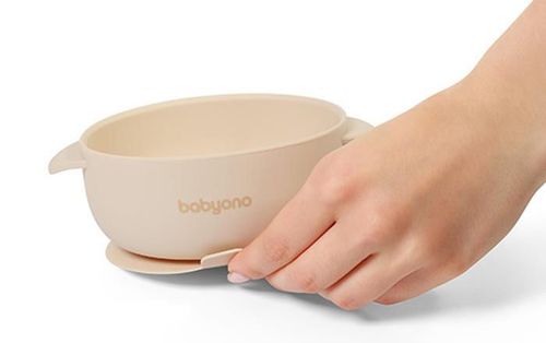 купить Посуда для кормления BabyOno 1662/03 Vas din silicon cu ventuza si capac (bej) в Кишинёве 