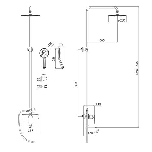 BILINA BN душевая система (смеситель для ванны, верхний и ручной душ), никель (ванная) 