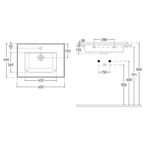 Set mobilier TEO 65cm beton: unitate de perete, 2 sertare + suport lavoar suport 