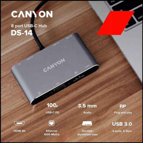 cumpără Adaptor IT Canyon Docking Station Canyon DS-14, 8-in-1, 3xUSB 3.0, 1xType C, LAN, 3.5mm, VGA, HDMI, PD 100W în Chișinău 