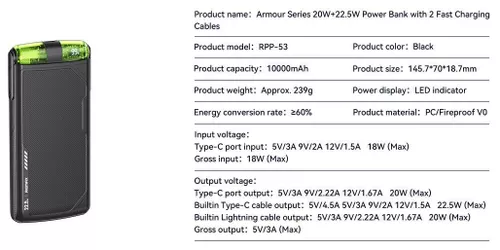 cumpără Acumulator extern USB (Powerbank) Remax RPP-53 10KmAh PD+QC 20W+22,5W Black în Chișinău 