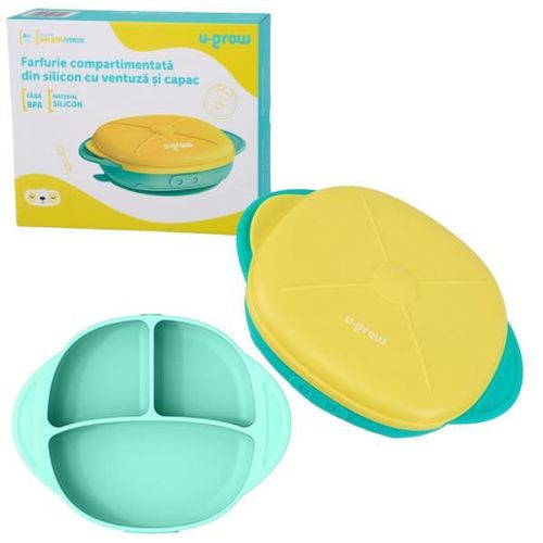 cumpără Seturi pentru hrănire bebelușilor U-Grow UG-239YE Farfurie din silicon cu ventuza si capac, galben-verde în Chișinău 