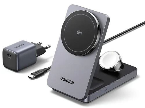 cumpără Încărcător wireless Ugreen 45025, 3-in-1 Magnetic Wireless Charger Foldable Qi2 15W, Grey în Chișinău 