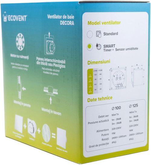 купить Вентилятор вытяжной EvoAir Ventilator baie Ecovent DECORA SMART, Senzor Umiditate, Alb Mat в Кишинёве 