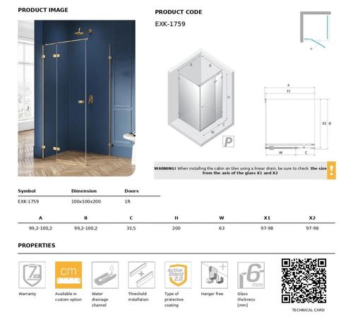 cumpără Cabină de duș New Trendy Avexa Gold brushed Rectangular R 100x100x200 Hinged EXK-1759 în Chișinău 