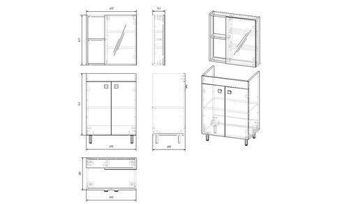 ATLANT комплект мебели 60см белый: тумба напольная, 2 дверцы + зеркальный шкаф 60*60см + умывальник мебельный артикул RZJ610 