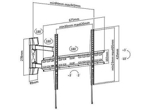 купить LCD/TV Full motion Wall Mount Brateck KLA28-463, Max VESA 600x400, Screen 37"-70" Load 35 Kg, Profile 84-443mm, Tilt +3°~-10°, Swivel +90°~-90°, Level +3°~-3°, (suport de perete pentru TV/крепление подвес настенный кронштейн для телевизора) XMAS в Кишинёве 