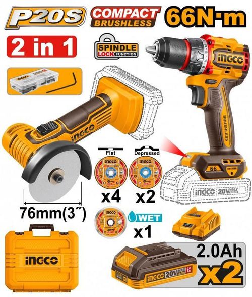 cumpără Set de scule electrice INGCO Șurubelniță fără fir CKLI20766 + polizor unghiular cu baterie (51098) în Chișinău 