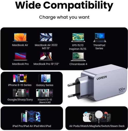 cumpără Încărcător cu fir Ugreen 25874 Nexode Pro GaN Charger USB-A+2*Type-C 100W, Black în Chișinău 