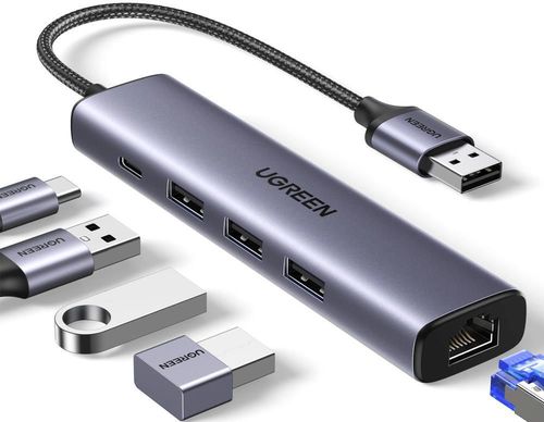купить Переходник для IT Ugreen 60554 HUB USB-A 3.0 to 3*USB3.0+RJ45 (1000M) Ethernet Adapter CM475, Grey в Кишинёве 